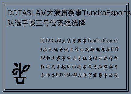DOTASLAM大满贯赛事TundraEsports战队选手谈三号位英雄选择